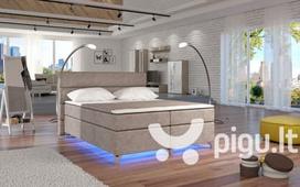 Lova NORE Amadeo su LED apšvietimu, 180x200 cm, gobelenas, šviesiai ruda
