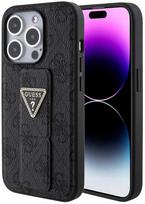 iphone 15 pro telefonai - Guess Grip Stand 4G Triangle Strass dėklas Apple iPhone 15 Pro - Juodas (Black) - 1 nuotrauka