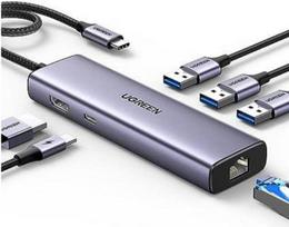 Adapteris USB Ugreen Adapteris 1w6 UGREEN CM512 USB-C iki 3x USB A 3.0, HDMI, RJ45, PD keitiklis