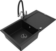 Mexen Leo, granitinė virtuvinė plautuvė su maišytuvu ir sifonu, Juodas (Black)