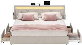 Songmics Metalinė lova su LED apšvietimu ir stalčiais, 210.2 x 169 cm, juoda (Black)