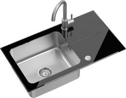 Steiner HUGH 111, plieninis dubuo, juodas stiklas (Black), 770 mm x 440 mm, su sifonu ir dangteliu + KATE SteelQ, šlifuotas plienas