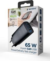 3 usb port charger - Gembird TA-UC-PDQC65-01-BK 3 prievadų 65 W GaN USB PowerDelivery greitas įkroviklis Juodas (Black) - 3 nuotrauka