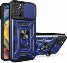 Hurtel Hybrid Armor Camshield iPhone 16 Pro Max Armored Dėklas su Fotoaparato Dangteliu ir Stovu - Mėlynas (Blue)