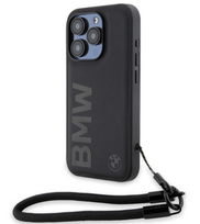 BMW Signature Leather Wordmark Cord dėklas iPhone 15 Pro Max - Juodas (Black)