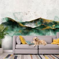 Fototapetas Artgeist Abstract landscape - green mountains with golden patterns and birds, 280 cm x 400 cm