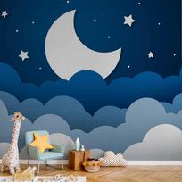 Fototapetas Artgeist Moon Dream - Clouds On A Dark Blue Sky With Stars For Children, 210 cm x 300 cm