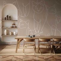 Fototapetas Artgeist Cat Lineart - Minimalist Sketches Of White Cats On Beige Background, 105 cm x 150 cm