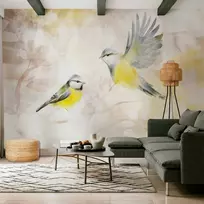 Fototapetas Artgeist Painted Tits - Bird Motif With Patterns In Yellow And Beige Tones, 315 cm x 450 cm