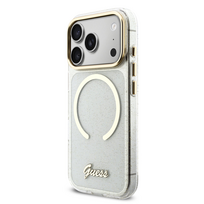 Guess IML Glitter Script Strap MagSafe dėklas iPhone 17 Pro Max - Skaidrus (Clear)