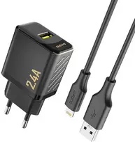 lightning to usb a cable - Dudao A23LEU 2.4A GaN EU USB-A Sieninis Įkroviklis su USB-A į Lightning Kabeliu - Juodas (Black) - 1 nuotrauka
