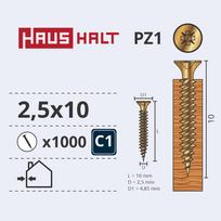 Medsraigčiai Haushalt universalieji PZ1, 2.5 x 10 mm, Geltona (Yellow), 1000 vnt.