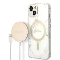 Guess iPhone 14 Plus Marble MagSafe dėklas + įkroviklis Baltas (White)