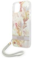 deklas su dirzeliu telefonams - Guess Flower Strap dėklas Apple iPhone 14 Plus – Violetinė (Purple) - 1 nuotrauka
