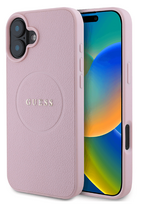Guess iPhone 16 Plus Grained Gold Ring MagSafe dėklas Rožinis (Pink)