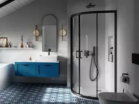 Dušo kabina Besco Modern MPB-90-190-C, pusapvalė, be padėklo, 90 cm x 90 cm x 190 cm, juoda sp./grūdintas