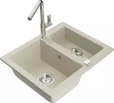 Mexen Carlos, granitinė plautuvė su virtuviniu maišytuvu Flora, Smėlio (Beige) + Chrome