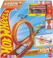 automobiliu garazas - Mattel Hot Wheels Stunt Tracks trasa su kilpa ir šuoliu (JHK76) - 1 nuotrauka