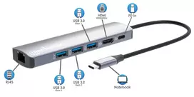usb c 100w laidas - Manhattan 6-in-1 4K USB-C Dockingstation 1xHDMI 3xUSB 5 Gb/s Sidabras (Silver) - 3 nuotrauka