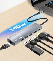 usb c 100w laidas - Manhattan 6-in-1 4K USB-C Dockingstation 1xHDMI 3xUSB 5 Gb/s Sidabras (Silver) - 4 nuotrauka