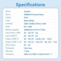 power bank 30000 - Vention FHMW0 30000mAh 22.5W Power Bank, baltas - 4 nuotrauka