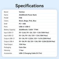 power bank 20000mah 22.5w - Vention FKBP0-C 20000mAh 22.5W rožinė - 2 nuotrauka
