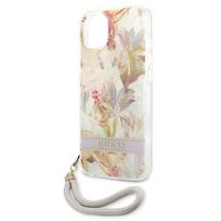 deklas su dirzeliu telefonams - Apple iPhone 13 Mini Guess dėklas Flower Strap (GUHCP13SHFLSU) violetinės spalvos - 4 nuotrauka