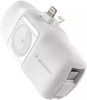 baterijos laidai - Wozinsky WF16-YLS 5000mAh 15W Lightning Mini Power Bank su integruotu USB-C laidu ir Apple Watch įkrovikliu, baltas - 1 nuotrauka
