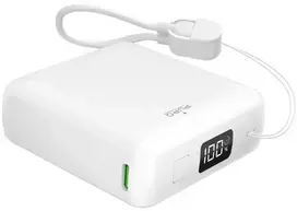 baterijos laidai - Puro 10000mAh, 20W, USB-C, USB-A, su ekranu ir integruotu USB-C laidu, baltas - 1 nuotrauka