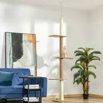 kaciukai medis - PawHut reguliuojamo aukščio draskyklė katėms, laipynė, žaidimų medis, chaki spalvos, 43x27x228-260cm - 9 nuotrauka