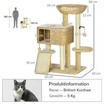 kaciu namelis - PawHut kačių draskyklė, 98 cm, su 2 gultais, žaisliniu kamuoliuku, katėms iki 6kg, kačių baldai, sizalis, smėlio spalvos - 8 nuotrauka