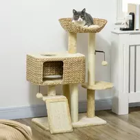 kaciu namelis - PawHut kačių draskyklė, 98 cm, su 2 gultais, žaisliniu kamuoliuku, katėms iki 6kg, kačių baldai, sizalis, smėlio spalvos - 9 nuotrauka