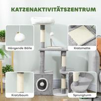 kaciu namelis - PawHut kačių draskyklė 107 cm, namelis katėms su urvu, 2 pliušiniais kamuoliukais, sizalio stulpais, didele platforma, 55x40x107 cm, pilka - 7 nuotrauka