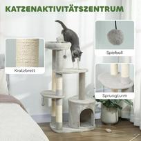 draskykles katiems - PawHut 114 cm draskyklė katėms su nameliu, sizalio stulpais, platforma, kelių lygių, skirta vidutinio dydžio katėms iki 6kg, šviesiai pilka - 7 nuotrauka