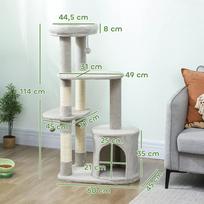 draskykles katiems - PawHut 114 cm draskyklė katėms su nameliu, sizalio stulpais, platforma, kelių lygių, skirta vidutinio dydžio katėms iki 6kg, šviesiai pilka - 8 nuotrauka