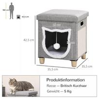 kaciu namelis - PawHut kačių guolis – otomanas su pagalvėle, draskykle ir žaisliniu kamuoliuku, neslystantis, pilkas, poliesteris, skirtas katėms - 8 nuotrauka