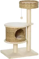 smelis katems - PawHut rotango draskyklė katėms, laipynė su nameliu, sizalio stulpais ir žaisliniais kamuoliukais, 95 cm, natūrali ir smėlio spalva - 1 nuotrauka