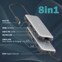 usb c ethernet - Digitus DA-70915 USB-C dokavimo stotelė 8 prievadų Juoda, Pilka (Black, Gray) - 9 nuotrauka