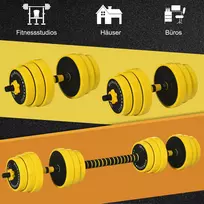 hanteliai reguliuojami 2 - HOMCOM 25 kg hanteliai ir štangos, reguliuojamas ergonomiškas 3-in-1 hantelių rinkinys, 12 × plokštelių, 2 × trumpi strypai, 1 × ilgas strypas, geltona + juoda - 5 nuotrauka