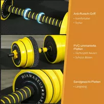 hanteliai reguliuojami 2 - HOMCOM 25 kg hanteliai ir štangos, reguliuojamas ergonomiškas 3-in-1 hantelių rinkinys, 12 × plokštelių, 2 × trumpi strypai, 1 × ilgas strypas, geltona + juoda - 6 nuotrauka