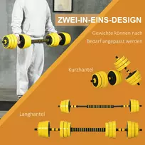 hanteliai reguliuojami 2 - HOMCOM 25 kg hanteliai ir štangos, reguliuojamas ergonomiškas 3-in-1 hantelių rinkinys, 12 × plokštelių, 2 × trumpi strypai, 1 × ilgas strypas, geltona + juoda - 7 nuotrauka