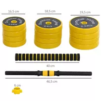 hanteliai reguliuojami 2 - HOMCOM 25 kg hanteliai ir štangos, reguliuojamas ergonomiškas 3-in-1 hantelių rinkinys, 12 × plokštelių, 2 × trumpi strypai, 1 × ilgas strypas, geltona + juoda - 8 nuotrauka