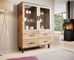 display cabinet - Cama Meble Lotta 2D4D, Wotan Ąžuolas (Wotan Oak)/Matinė Juoda (Mat Black) - 2 nuotrauka