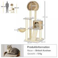 namelis katems - PawHut draskyklė katėms, 150 cm, su nameliu, hamaku ir rampa, apsauga nuo apvirtimo, pliušinė, smėlio spalvos - 8 nuotrauka
