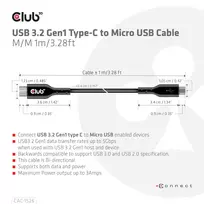 type c to usb - Club 3D CAC-1526 USB 3.2 Gen1 Type-C į Micro USB kabelis 1m Juodas (Black) - 4 nuotrauka