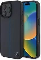 Mercedes MB Blue Line Leather MagSafe dėklas Apple iPhone 16 Pro Max Tamsiai mėlynas (Navy Blue)
