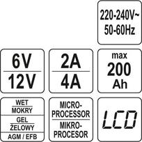 12v 200a - YATO YT-83000 Automobilių akumuliatorių įkroviklis 6/12V 4A 200Ah - 4 nuotrauka