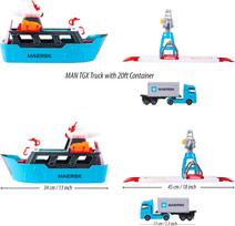 uostas - MAJORETTE Creatix MAERSK krovininis laivas su transporto priemone, 212050039 - 5 nuotrauka