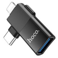type 1 2 adapteris - HOCO UA17 OTG Type-C (male) / Lightning (male) to USB-A (female) 2in1 Juodas (Black) - 6 nuotrauka