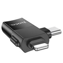 type 1 2 adapteris - HOCO UA17 OTG Type-C (male) / Lightning (male) to USB-A (female) 2in1 Juodas (Black) - 7 nuotrauka